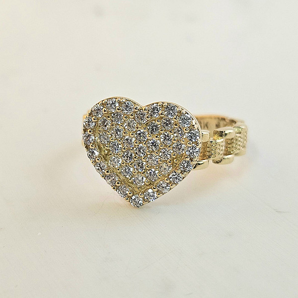 Heart CZ Gold Ring - 10k Solid Gold Ring - Rolex Band