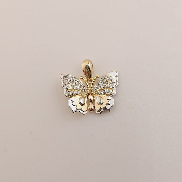 14K Three-Tone Butterfly Charm with CZ – Petite & Elegant Pendant