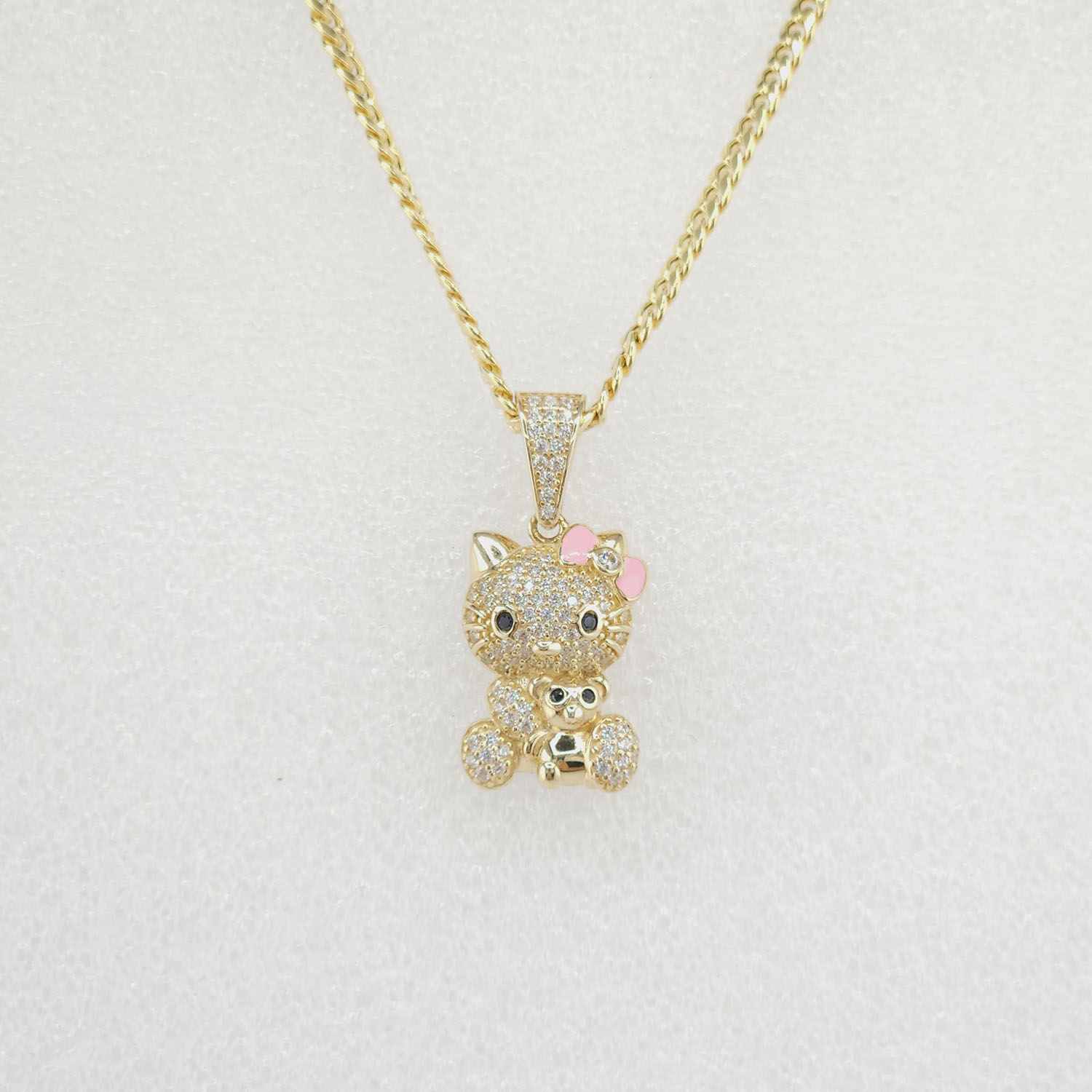 14K Gold Hello Kitty Charm – Full Body Pendant with CZ & Teddy
