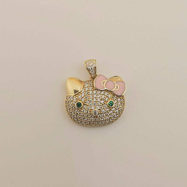 14K Gold Kitty Face Charm with Pink Bow – CZ Diamond Accents
