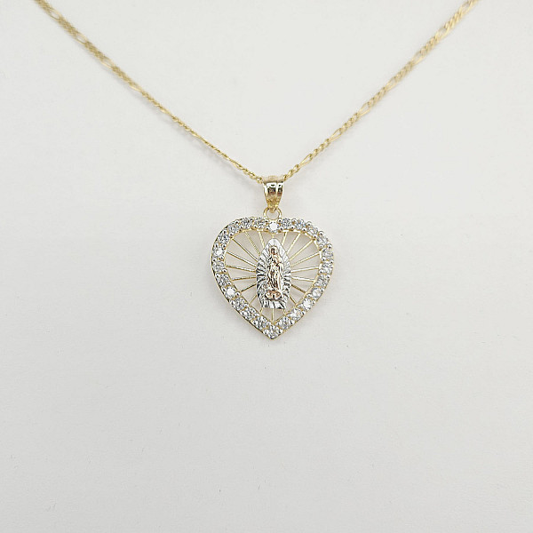 14K Gold Heart Guadalupe Charm with CZ Border – 21mm x 21mm