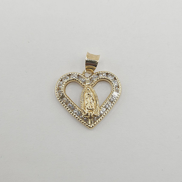 14K Gold Heart Guadalupe Charm with CZ Border – 17mm x 19mm