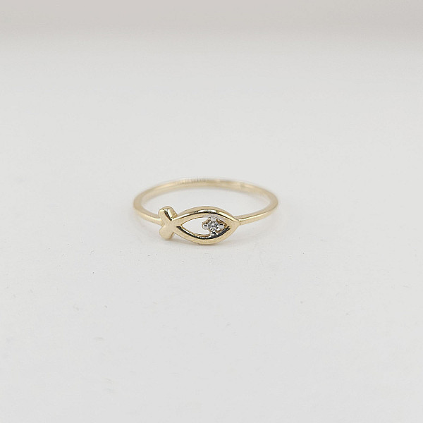 14K Yellow Gold Ichthus Fish Ring with Cubic Stone