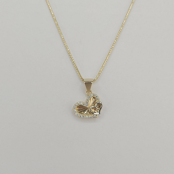 14K Yellow Gold Heart and Butterfly Charm with CZ Border