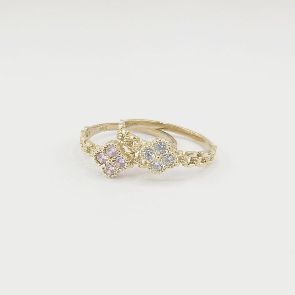 10K Yellow Gold Rolex-Style Band Ring with Pink or Clear Stones