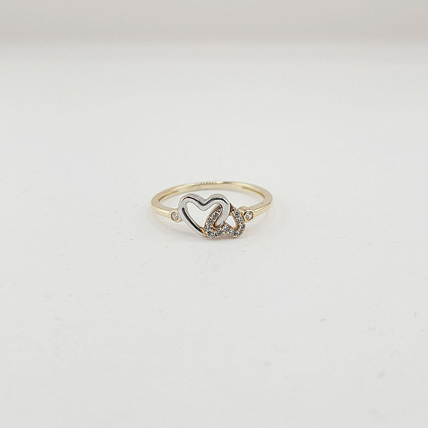 14K Yellow Gold Two Interlocking Hearts Ring with Cubic Stones