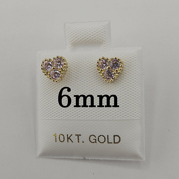 10K Gold CZ Push Back Stud Earrings - Heart, Flower 