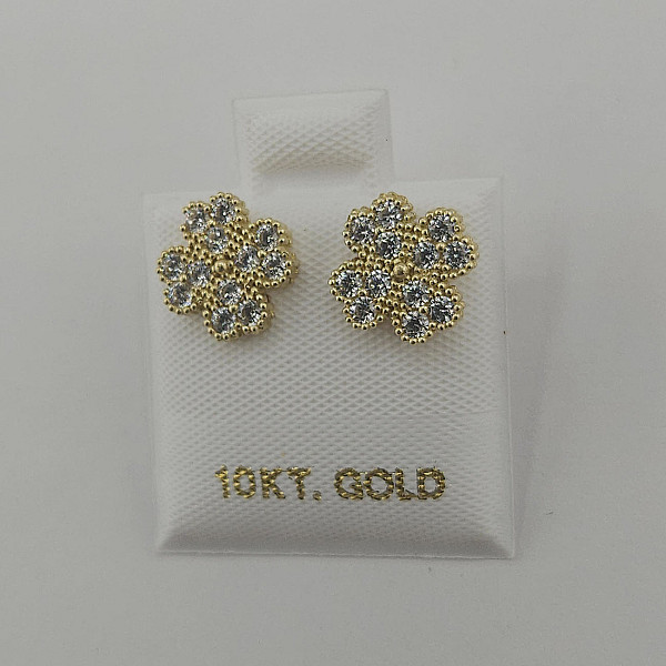 10K Gold Flower Cluster CZ Stud Earrings - Two Sizes (7.6mm & 8.7mm)