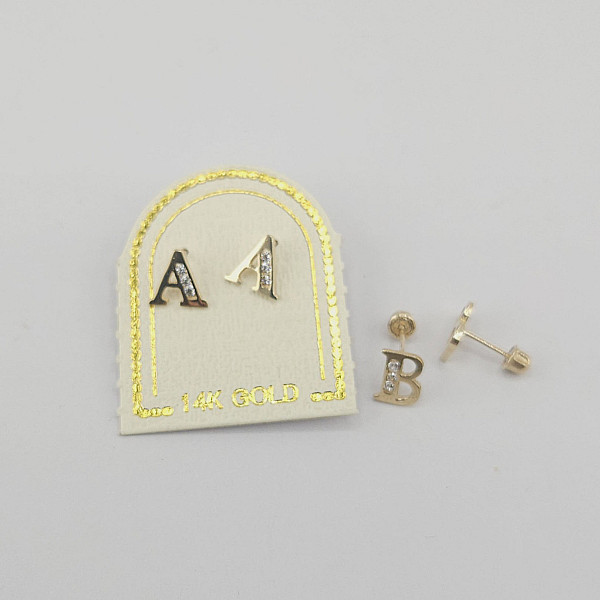 14K Gold Initial CZ Stud Earrings - Secure Screw Back