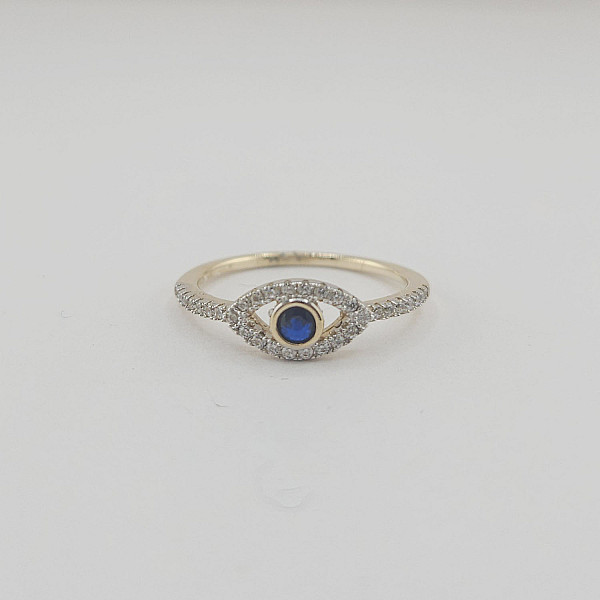 14K Gold Evil Eye Blue CZ Statement Ring