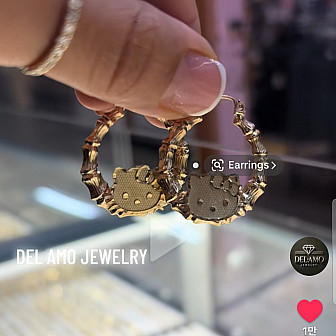 10K Yellow Gold Hello Kitty Bamboo Hoop Earrings