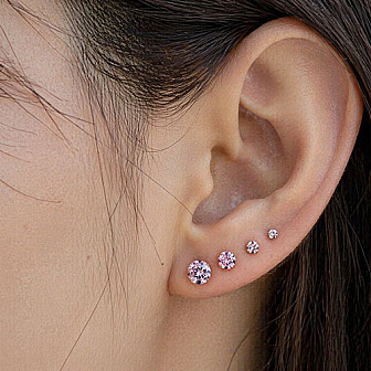 14K Gold 3-Color Round Stone Stud Earrings