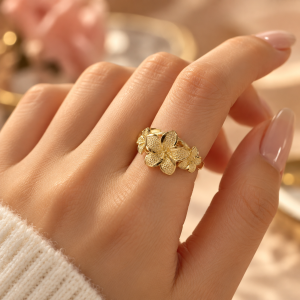 3Hibiscus Ring – 10K & 14K Yellow Gold or Tri-Color Gold