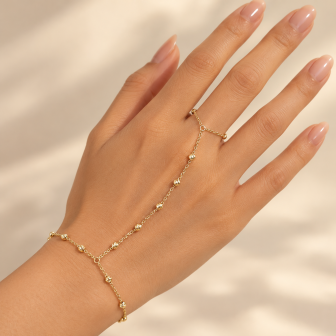 Gold Beaded Hand Chain Bracelet Ring 10k